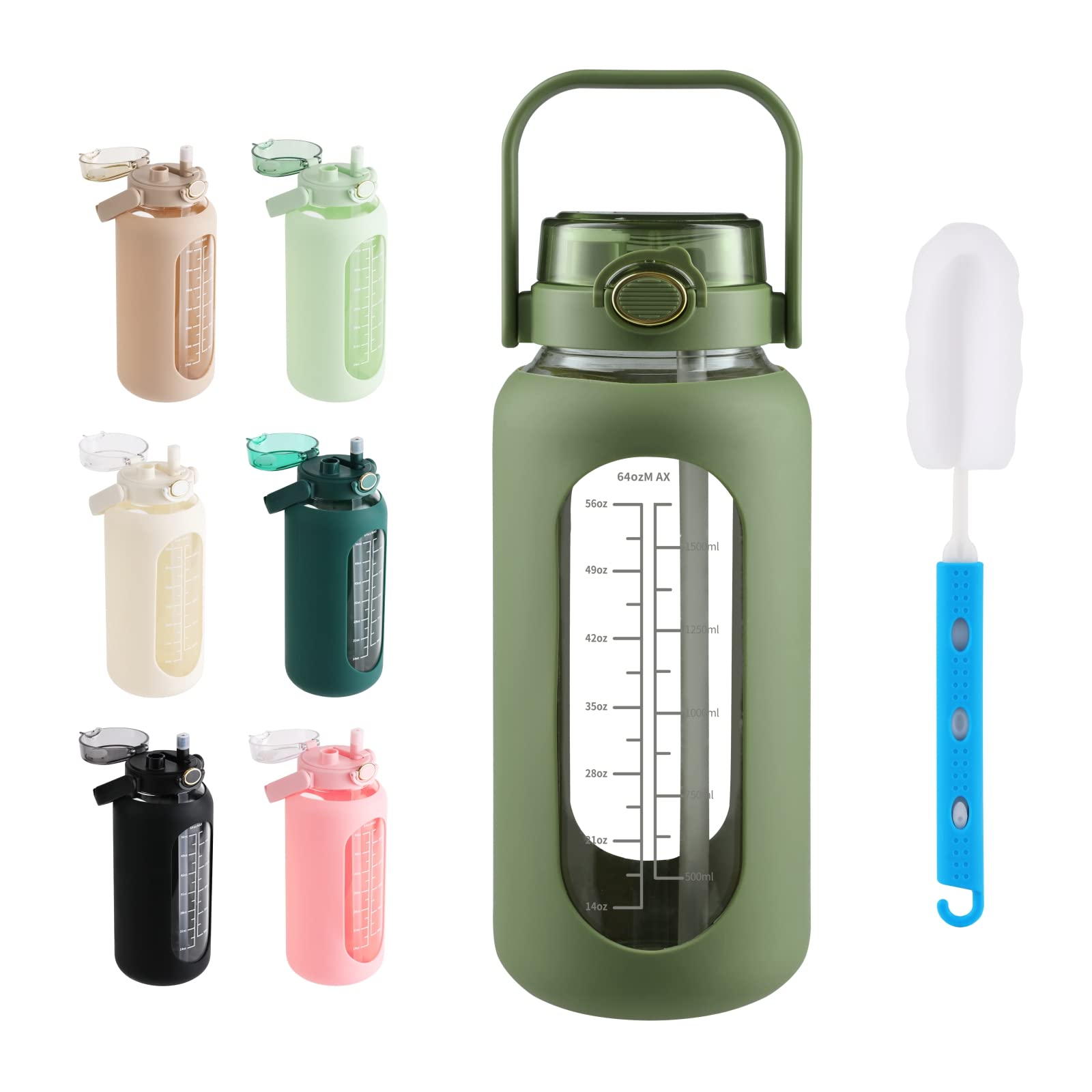 SIEROZUR 42oz Glass Water Bottle with Straw and Handle Lid Half Gallon Motivational Glass Bottle with Silicone Sleeve and Time Marker Large Reusable Sports Water Jug for Gym Home Workout