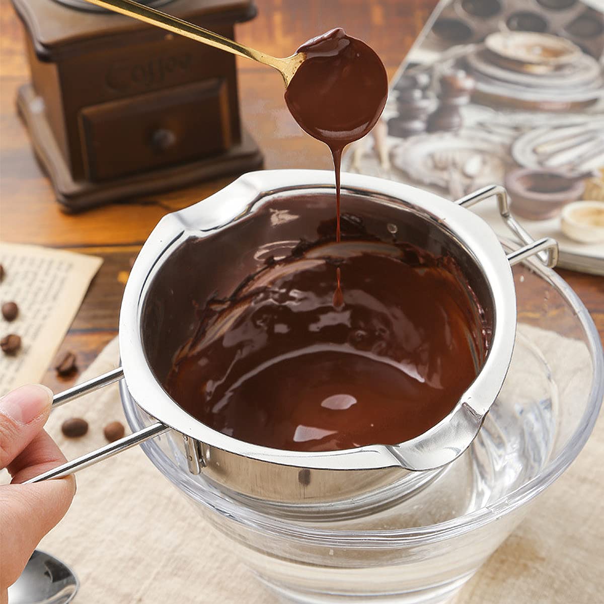 NC DBAILY Baño María de Acero Inoxidable Cuenco Caldera de Cuenco de Leche de Cocina Cuenco de Fusión Fondo Plato Cuchara de Chocolate con Filtro para Chocolate Queso Azúcar Mantequilla Queso Caramelo