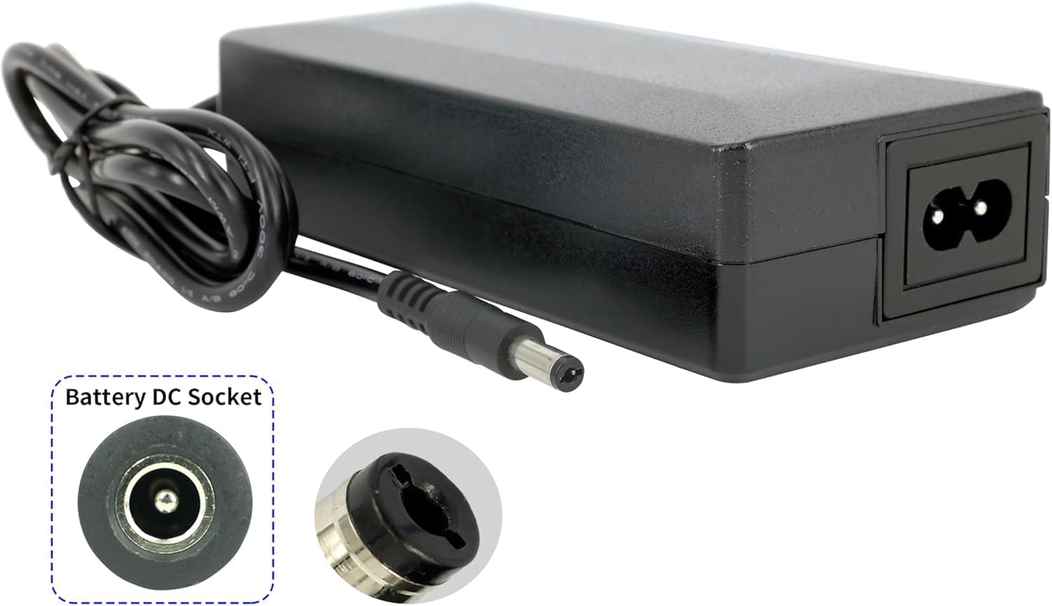 PowerSmart charger with DC output plug and a detailed view of the battery DC socket