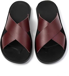 Men's Cross-Strap Slide Sandals Open Toe Flat Sandals Water Resistant Anti-Slip PU Microfiber Faux Leather Summer Casual Sandals 3cm