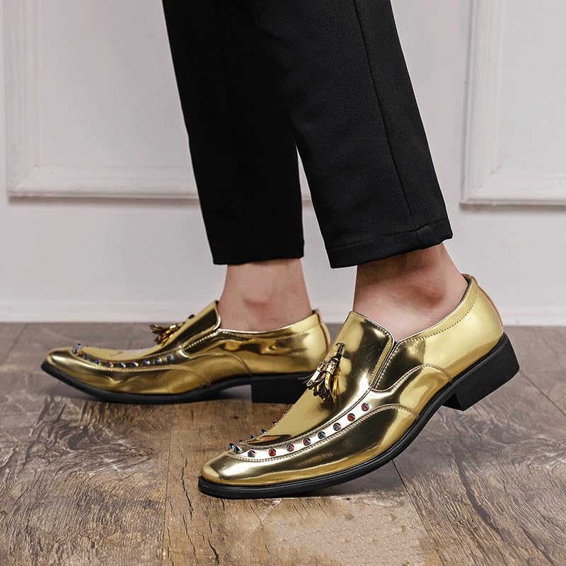 Mens Rivets Tassel Oxford Dress Shoes Uniform Wedding Plain Toe Anti-Slip Non Slip Rubber Sole Block Heel Low Top Classic Slip-on Burnished Leather(8) Gold2