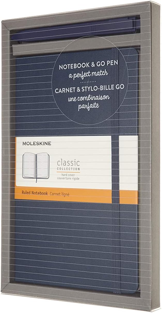 Moleskine Classic Hard Cover Ruled Notebook & Go Pen Bundle, Sapphire Blue, Large (5" x 8.25") 240 Pages