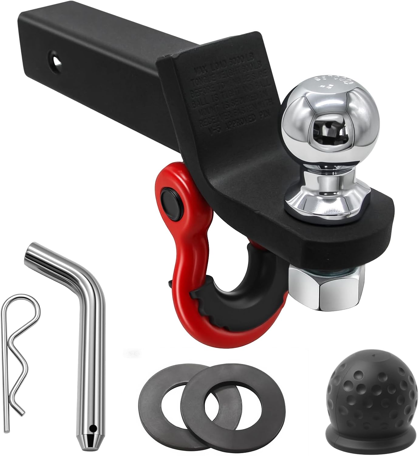 Trailer Hitch Ball Mount with 2 D Ring Tow Shackles Compatible with 2" Hitch Receiver 7500 lbs Capacity, 2" Ball Hitch and 3/4" Red Shackle Combo Suitable for Trucks, Suvs, Sedans, and Other Vehicles