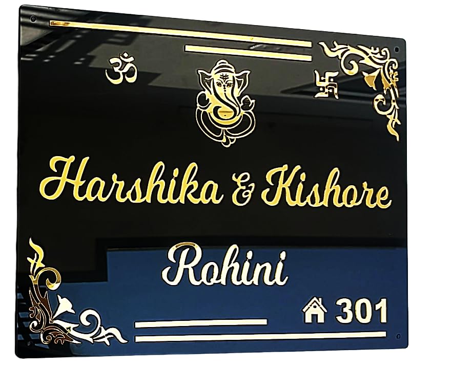 Branders Black acrylic 4mm thick plate with 2mm thick golden acrylic embossed letters for home door entrance (WeatherProof) (16x8, Black glossy)