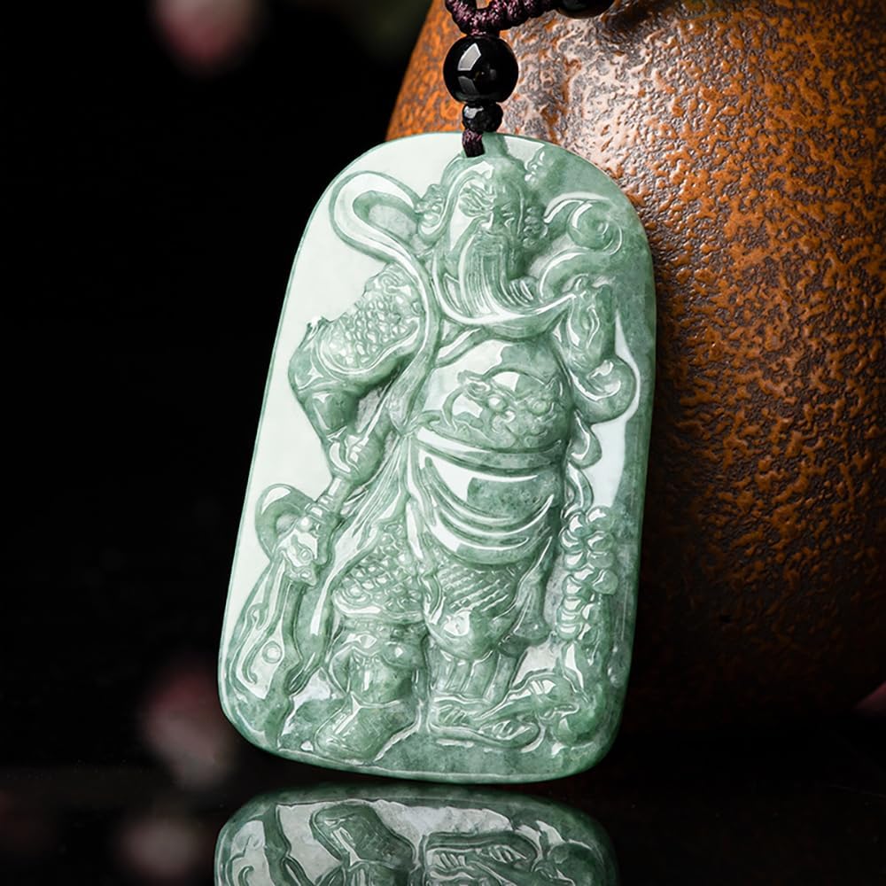 Jade Necklace for Men and Women, Wu God of Wealth Guan Gong Pendant Necklace, Hand Carved Grade A Certified Jadeite Feng Shui Guan Yu Lucky Amulet Jewelry