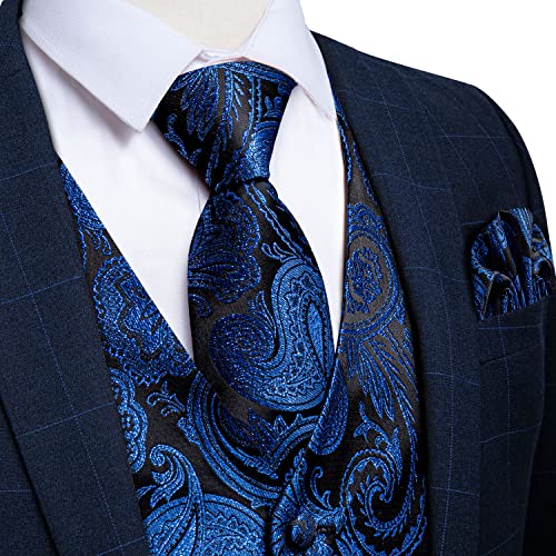 Image of DiBanGu Mens Paisley Vest Silk Sleeveless Suit Vest and Neck Tie Pocket Square Cufflinks Set for Wedding Formal