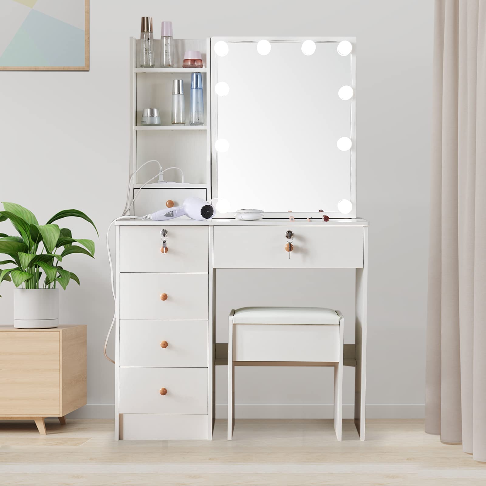 Kkonetoy Modern Makeup Vanity Table with LED Lighted Mirror, Vanity Desk with Charging Station, Dressing Table Vanity Set with Drawers and Cushioned Stool, White