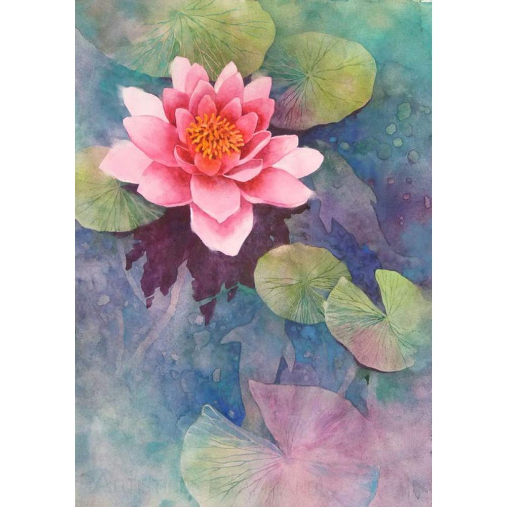 Wowdecor Lotus 5D Diamond Painting Kits, Pink Flowers Leaf Pool Full Drill Diy Diamond Art Cross Stitch Paint By Numbers