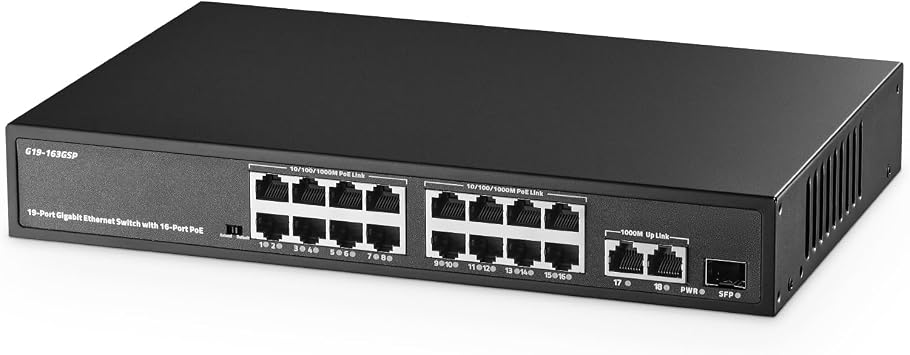 Binardat 19 Port Gigabit POE Switch 16 POE+ Ports 1000Mbps 2 Gigabit Uplink 1 Gigabit SFP IEEE802.3af/at 300W Internal Power Supply Metal Case Unmanaged Plug and Play