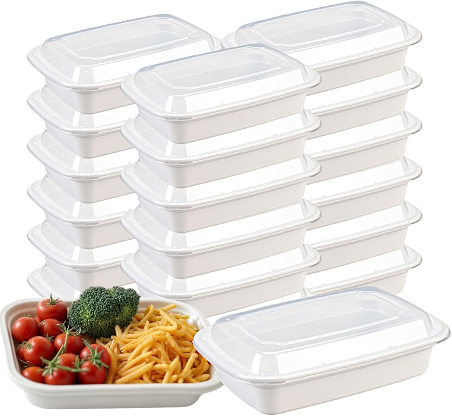 [50 Sets]Microwave Safe Meal Prep Food Container with Lid (838, White), Reusable, Leak Resistant Seal, BPA-Free, Freezer & Dishwasher Safe, 7.25”x5"x2"(LxWxH), 50 Packs, 24oz Base w/Clear Lid