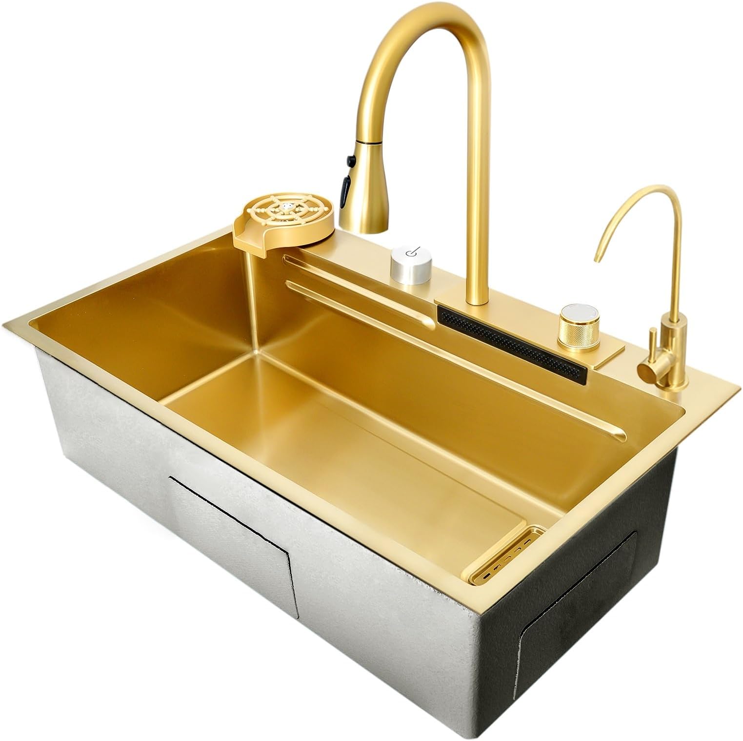 Gold Kitchen Bar Sink With Pull-Out Faucet, Drain Basin, Cup Washer & Kits, Stainless Steel Workstation Sink, Nano Coated Single Bowl Waterfall For Top Mount(68x45x22cm)
