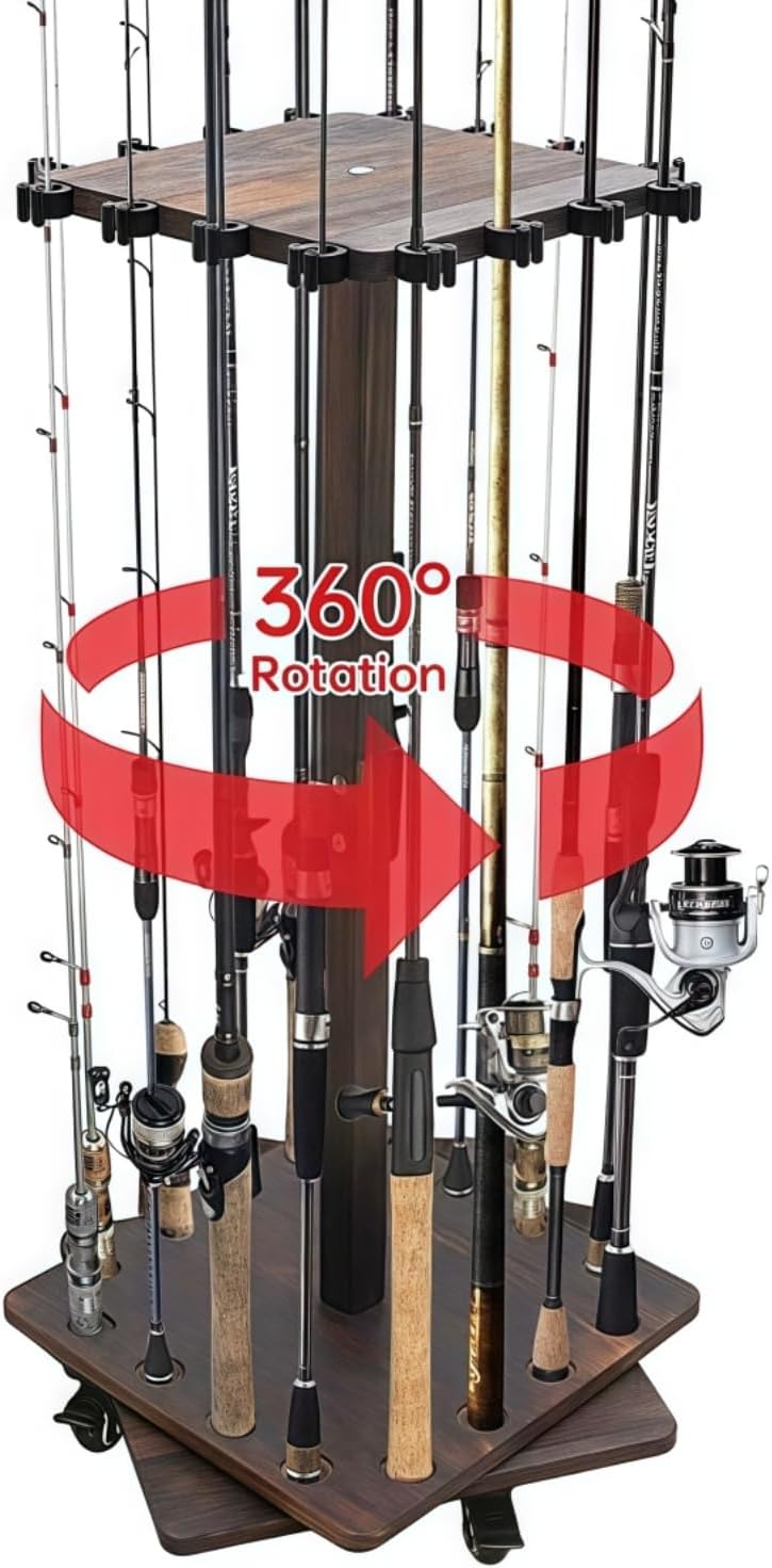 Fishing Rod Holders Up to 16 Rods,360° Rotating Stand with 4 Lockable Swivel Casters,Solid Wood Fishing Pole Rack for Spinning, Baitcasting & Surf Rods, Fishing Gear Storage Organizer