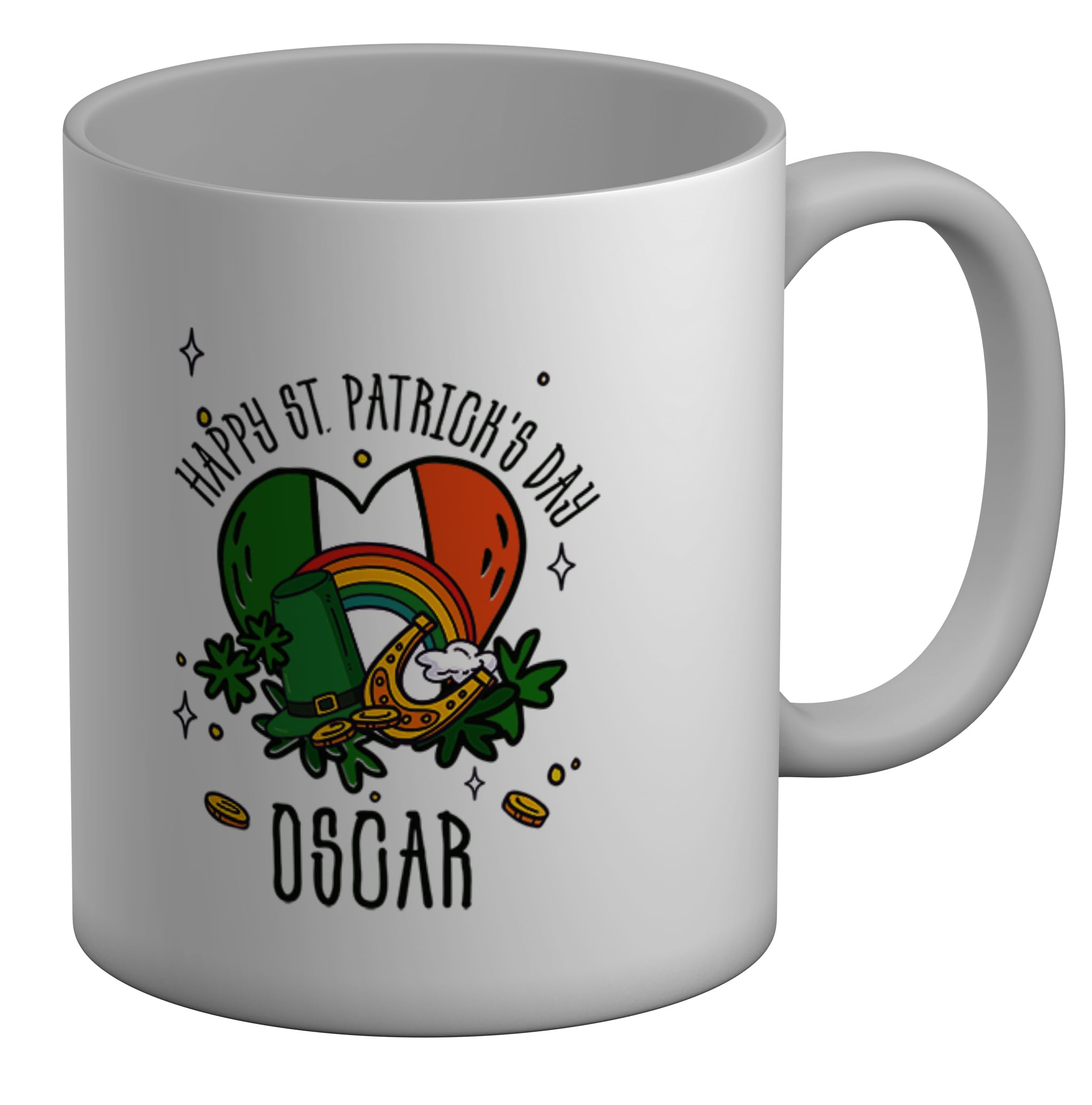Shopagift Personalised Happy St Patrick's Day Mug Irish Heart Flag Lucky Clover Horse Shoe White 11oz Large Ceramic Cup