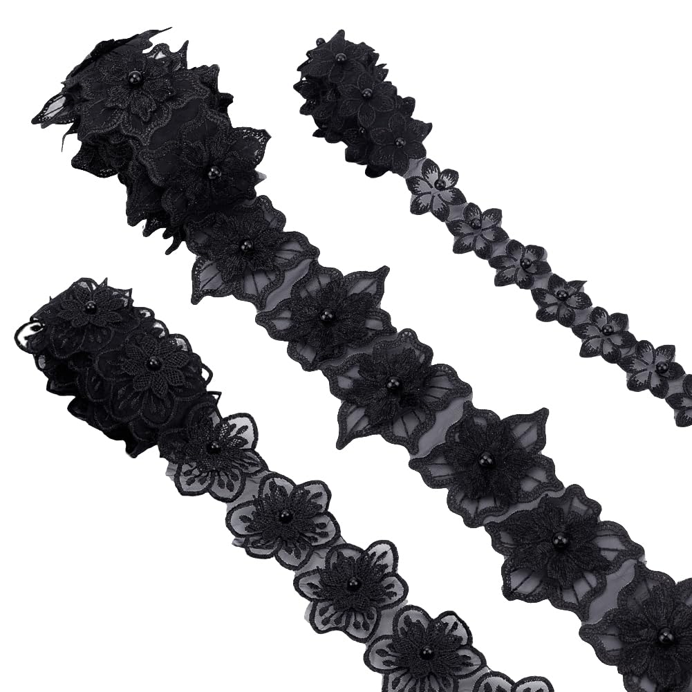 FREEBLOSS 6 Yards Floral Lace Trim Pearl Beads Ribbon DIY Appliques Sewing Craft for Wedding Bridal Dress Stretch Lace Ribbon for Decoration Craft Bow Making