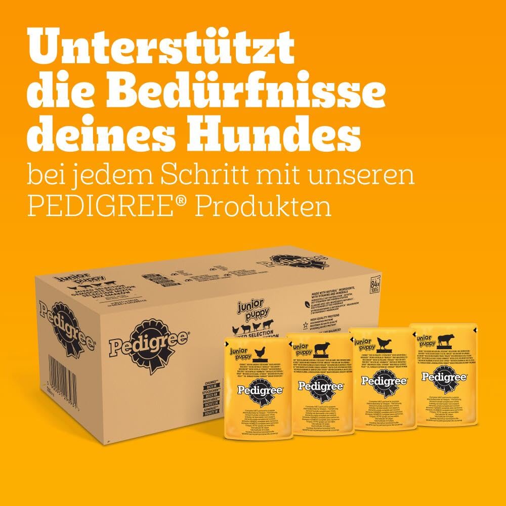 PEDIGREE Junior Multipack Gemischte Selektion in Gelee Hundenassfutter im Portionsbeutel für junge Hunde 4 Varietäten 84 x 100g