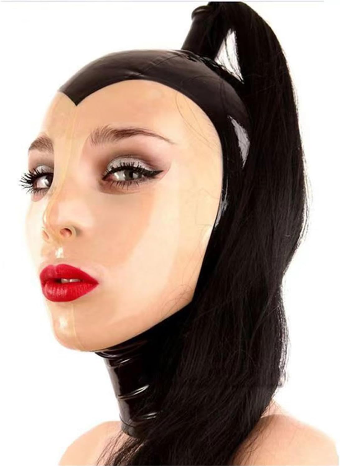 Black Latex Hood with Wig BDSM Rubber Head Mask for Cosplay Unisex Club Wear Open Eyes Mouth