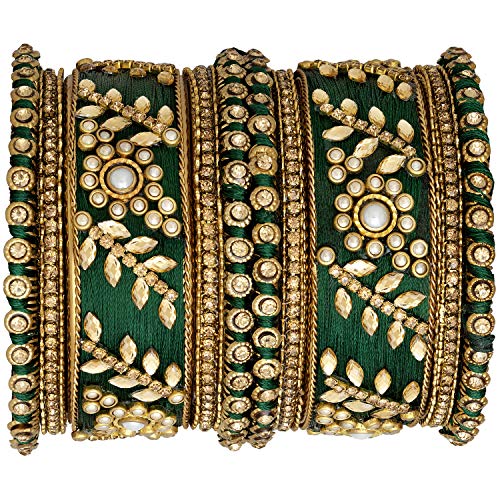 Image of Peora Silk Thread Floral Chuda Chura Studded Bangle Set Navratri Gift for Women Girls - 2.8 inch
