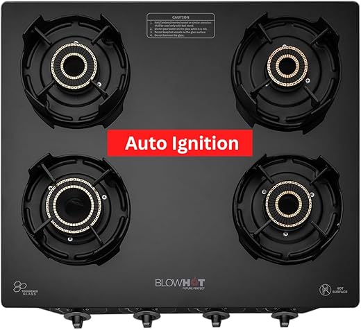 BLOWHOT Auto Ignition Premium Design 4 Tornado Brass Burner Gas Stove Emerald – Toughened Glass Cook Top Burner, Gas Stove Valve And Glass – 2…