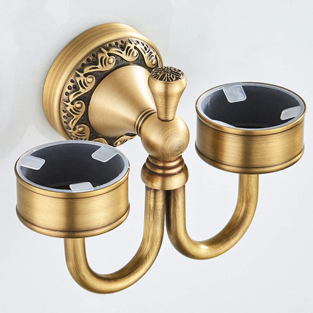 Portaspazzolino Doppio con 2 Tazze, Bicchiere a spazzolino da Denti retrò, Costruzione in Ceramica e Ottone Massiccio con Intagli Anticato a Parete per Bagno