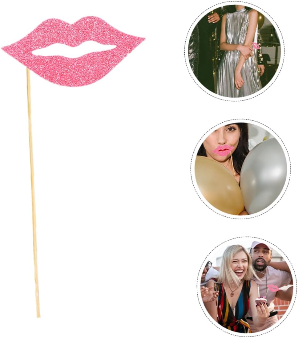 Veemoon 60pcs Pink Lip Photo Booth Props Handheld Funny Wedding Party Decorative Cutouts for Birthday Carnival Selfie Supplies