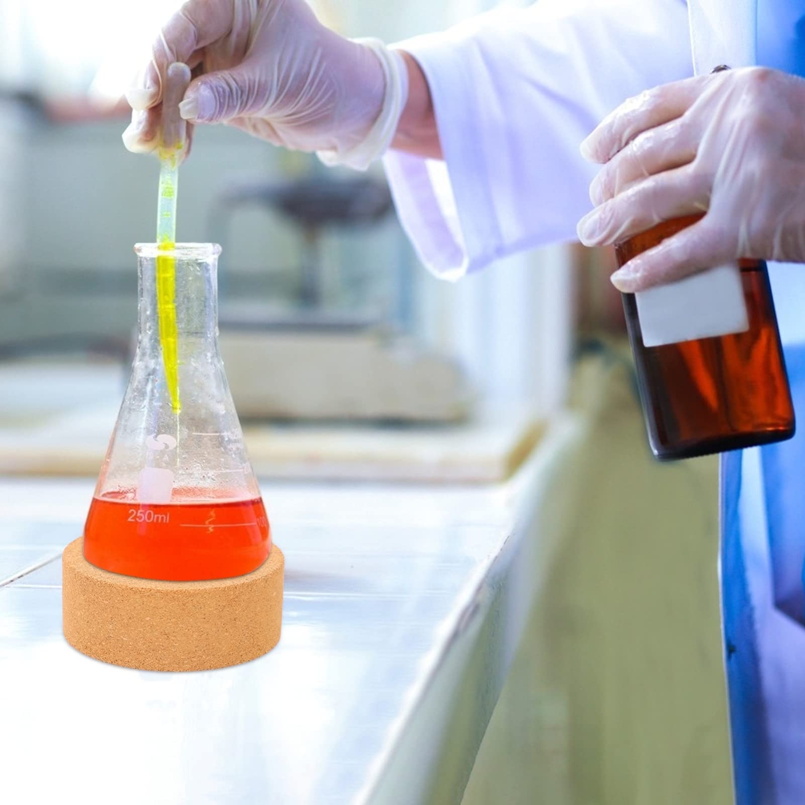Support pour Flacons en Liège Rond, 2 Pièces, Orange | Fond Rond, Friction Accrue et Résistance à L’usure, Lot Pratique pour Usage en Laboratoire