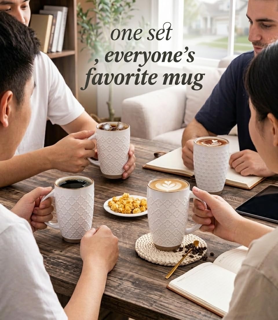 GBhome 20oz Large Coffee Mugs Set of 6, Handmade Tall Ceramic Coffee Mugs with Texture Patterns for Cappuccino, Latte,Hot Cocoa, Dishwasher & Microwave Safe-Off White