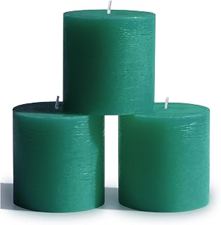 CANDWAX 3x3 Inch Green Pillar Candles Set of 3 - Rustic Unscented No Drip Green Candles for Weddings, Centerpieces, Home Décor, Christmas Decorations