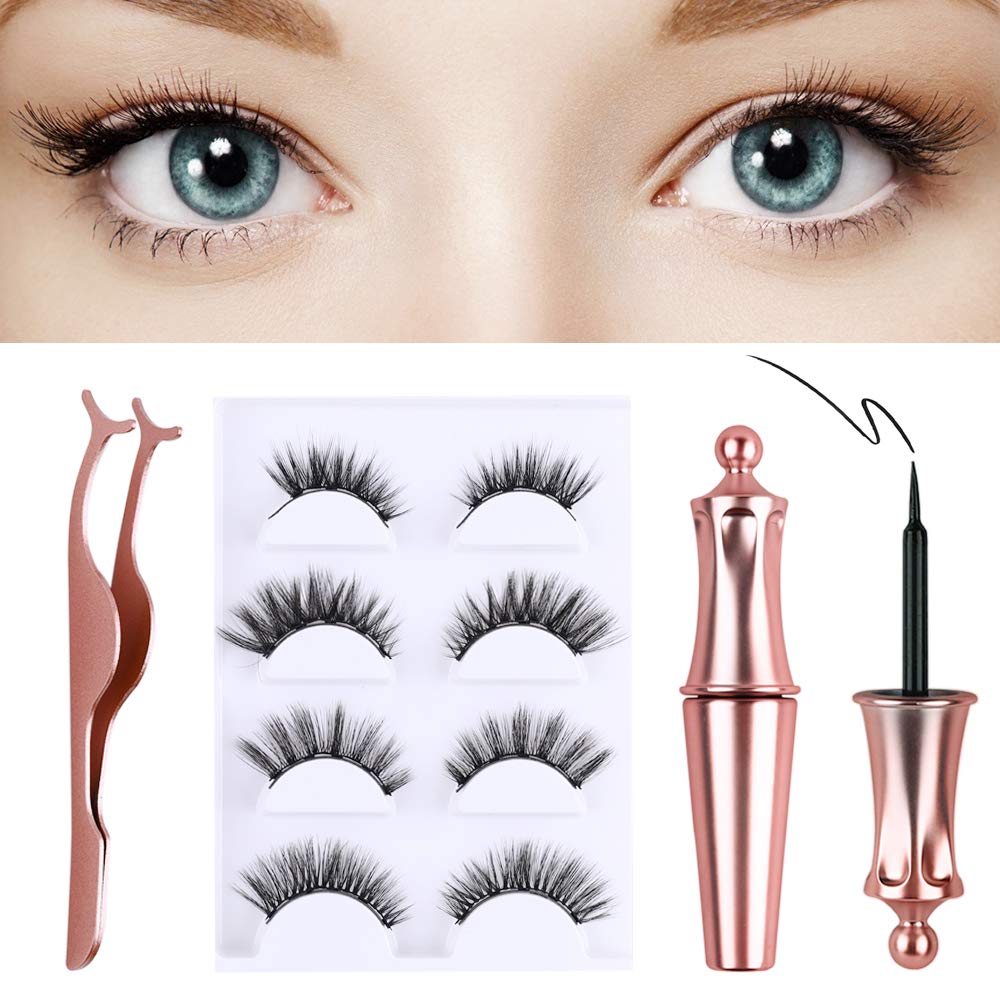 Qivange Magnetic Eyelashes Kit Natural Look Reusable Magnetic Eyeliner and Lashes Thin Thick Short Long 4 Styles 3D Faux Mink Falses Eyelashes with Glue Tweezers