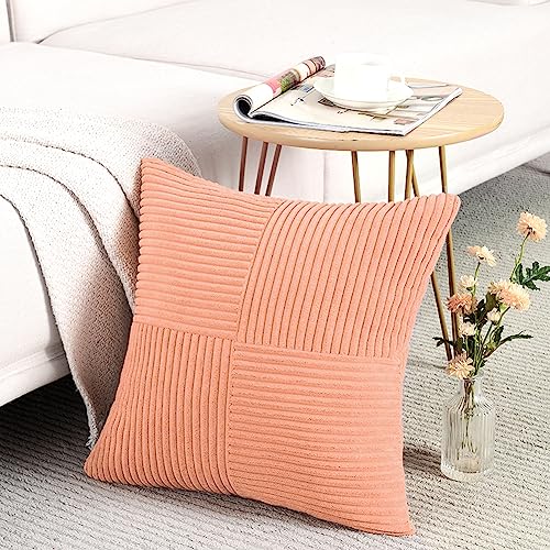 Image of Fancy Homi 2 Packs Peach Samll Decorative Throw Pillow Covers 12x12 Inch with for Couch Bed Sofa, Rustic Farmhouse Boho Home Decor, Soft Corss Patchwork Corduroy Cute Square Cushion Case 30x30 cm