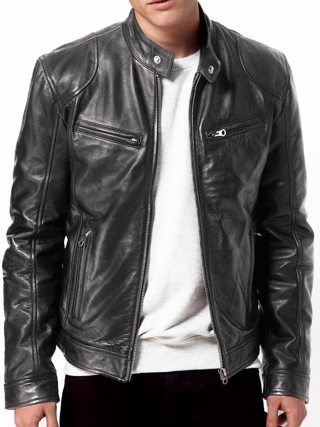 Image of DECIMAL Men's Black Genuine Lambskin Leather Biker Jacket VINTAGE REAL BROWN MOTORCYCLE JACKETS FOR MEN