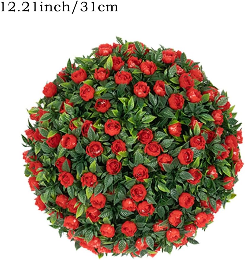 Foliage Plant Sphere Round Artificial Topiary Ball Garden Spheres Decorative Faux Boxwood Decorative Balls for Garden, Indoor and Outdoor Decor (Red,12.21inch/31cm)