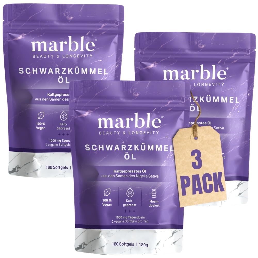 Schwarzkümmelöl 3x180 Kapseln - kaltgepresst naturbelassen - 1000 mg Kümmelöl pro Tagesdosis + Vitamin E - 84% aktive essentielle Fettsäuren - 540 Softgels - Black Seed Oil aus Nigella Sativa