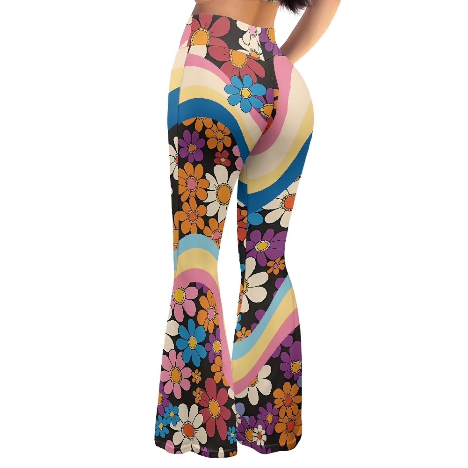 ELEDIZI 70S Hippie Daisy Floral Pants for Women Yoga Flare Leggings for Women High Waisted Yoga Casual Pants Size M Bell Bottom Yoga Pants Women Flare Design Wide Leg Pants for Workout Gym Pilates