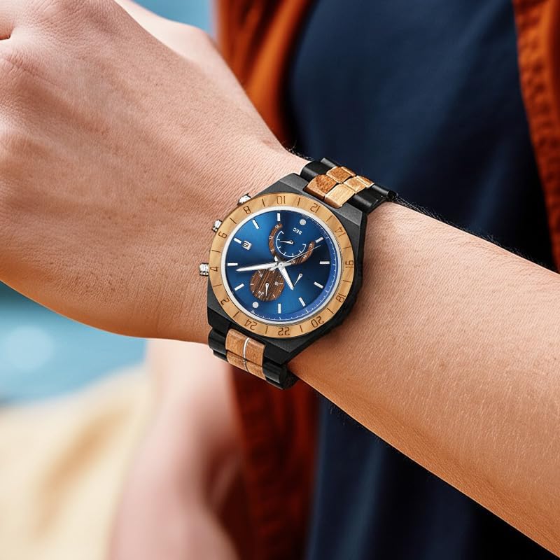 Men's Wooden Band Quartz Watch with Mineral Glass,Multifuctional Quartz Chronograph&Date Display Watch for Men Handmade Wood Wrist Watch Luminous Stylish Casual Lightweight Wood & Stainless Steel Male - Image 4
