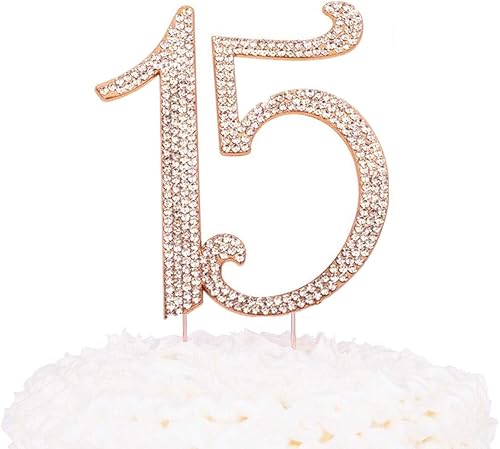 Decoración para pastel de cumpleaños de 15 años de oro rosa, gemas brillantes de diamantes de imitación de cristal de primera calidad, monograma