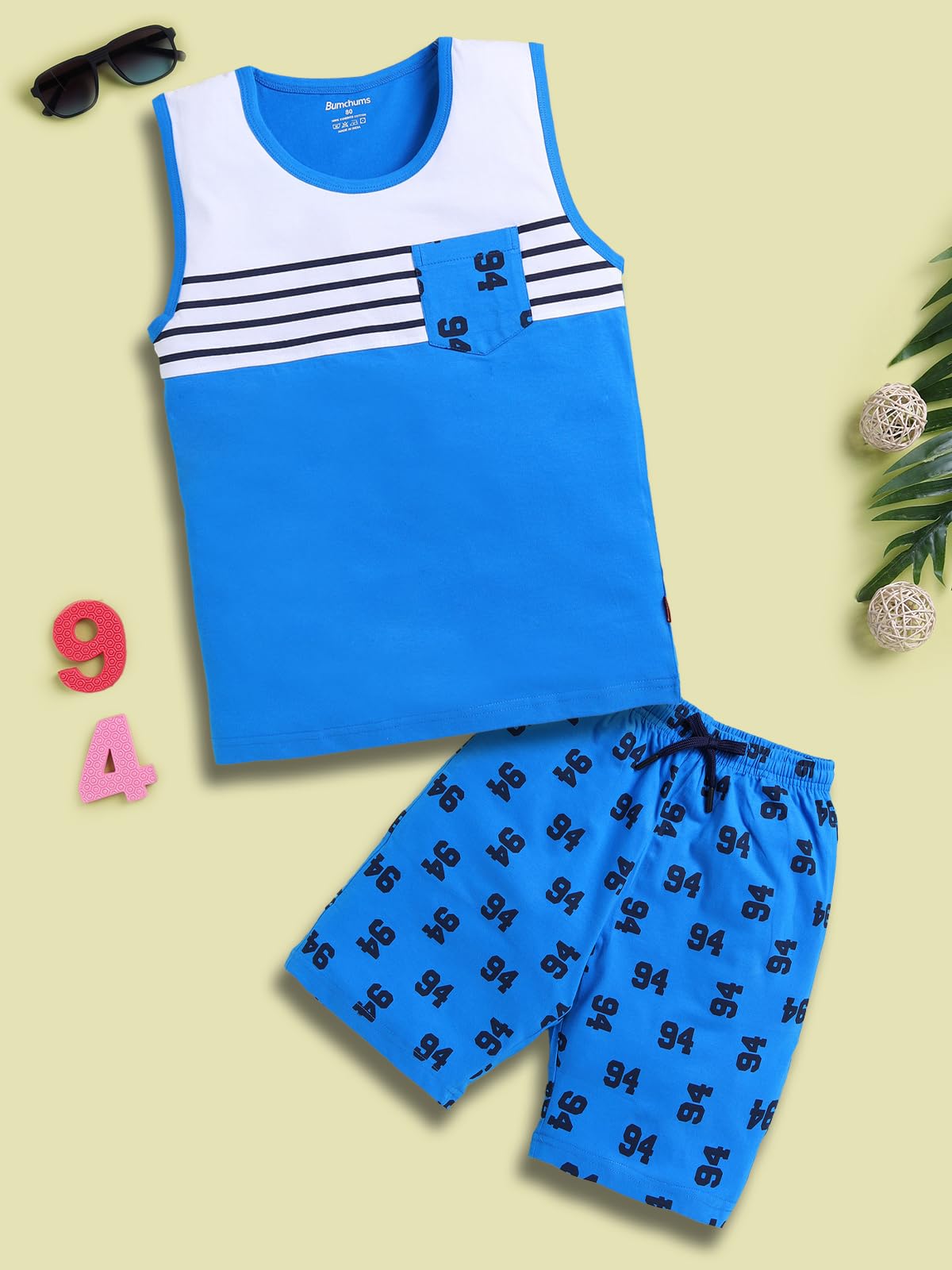 Bumchums Set di maglietta e pantaloni senza maniche per ragazzi, senza maniche, con scollo rotondo, set di abbigliamento casual, alla moda e carino, stampato