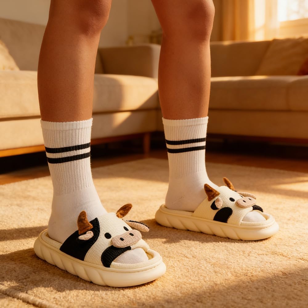 Super Comfy Cute Cow Pattern Open Toe Slippers for Women: Plush Footbed Ensures All - Day Comfort, Whether You're Indoors or Stepping Outside