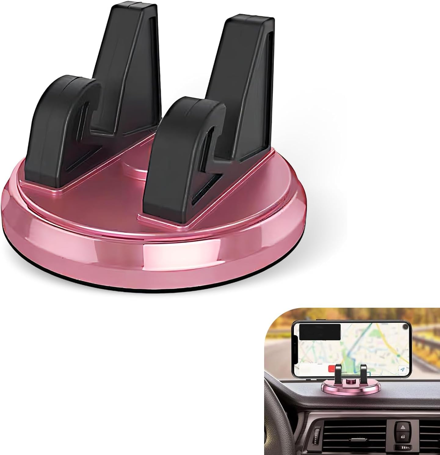 Car Phone Holder, Silicone Center Console Stand, 360 Degree Swivel Base Navigation Bracket, for Car Dashboard (Pink)