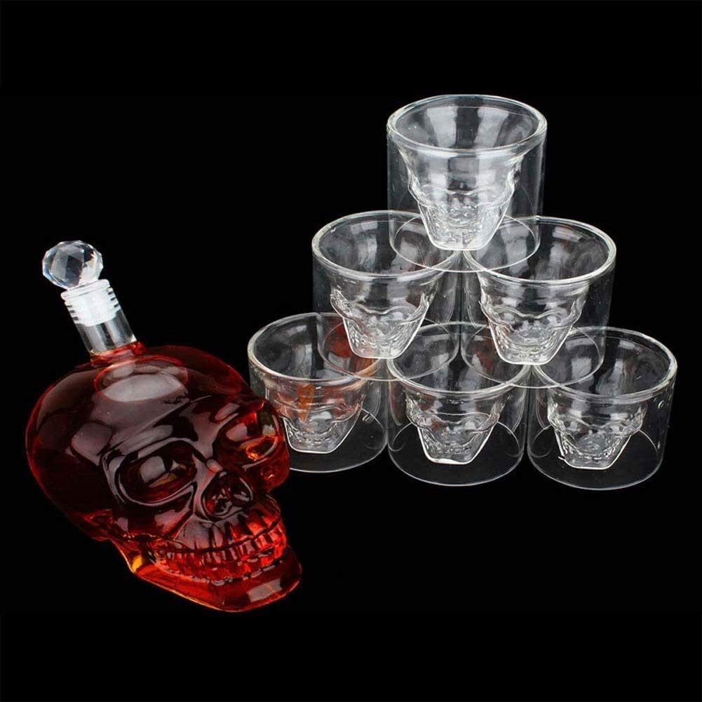 Estante para vino Decantador de whisky Cráneo Vino Whisky Juego de vasos de vodka Decantador de vino y juego de vasos con diseño de doble pared con tapón con 6 vasos de whisky de 75 ml para bar de f