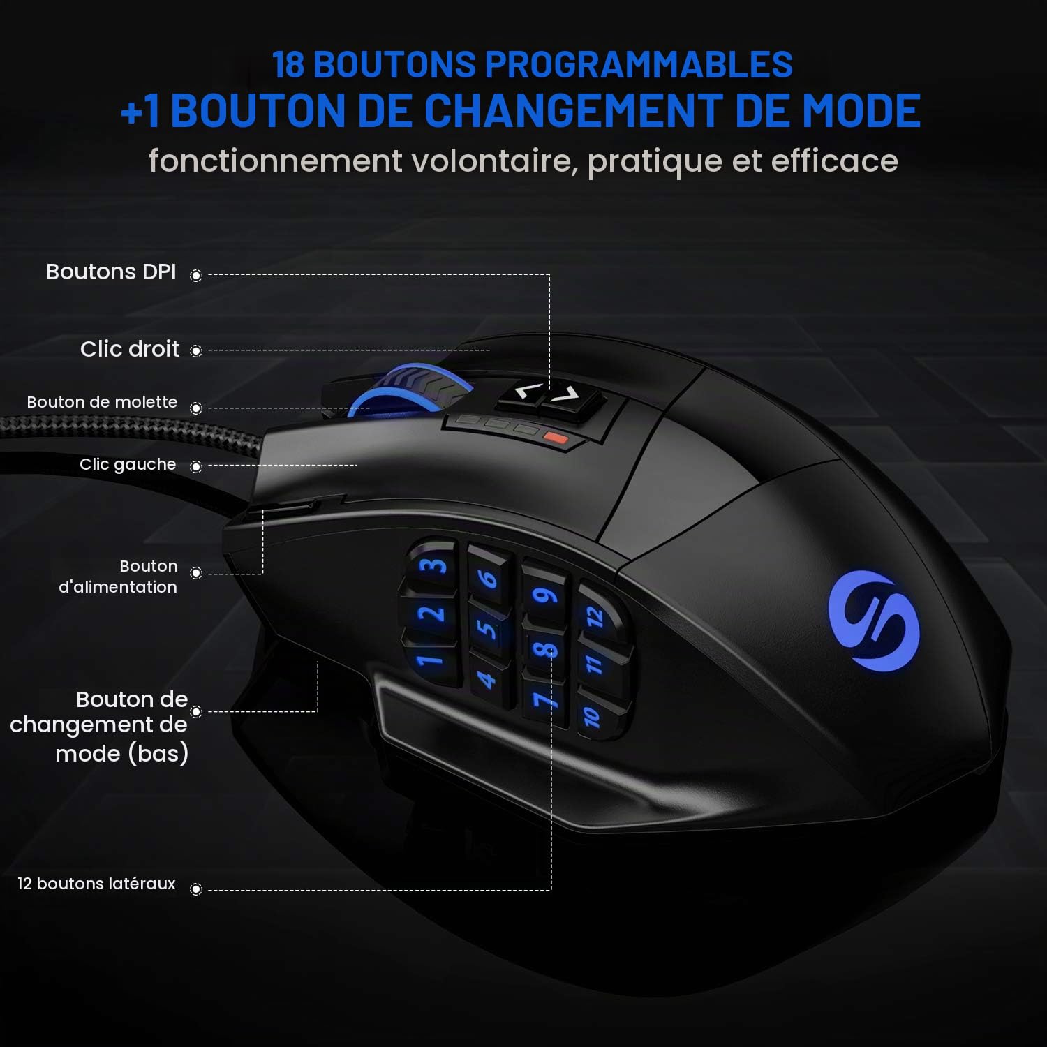 UtechSmart Souris laser de jeu MMO 16400 DPI pour PC, précision élevée, 18 boutons programmables| cartouche de poids réglable| 12 boutons latéraux|5 profils d'utilisateurs programmables