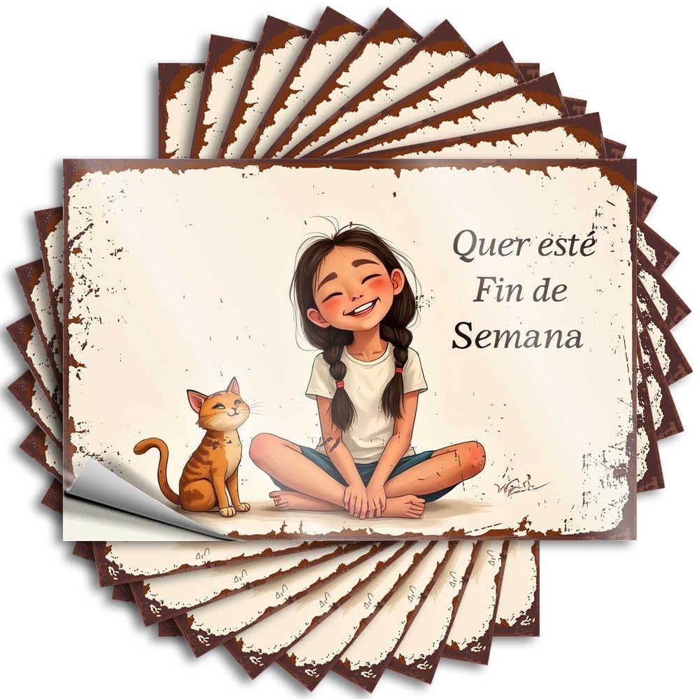 Large Plastic Decal - Happy Weekend with Friends: A Girl and Her Cat Removable Decal Bottle Easy Peel for Teens(6X9CM)