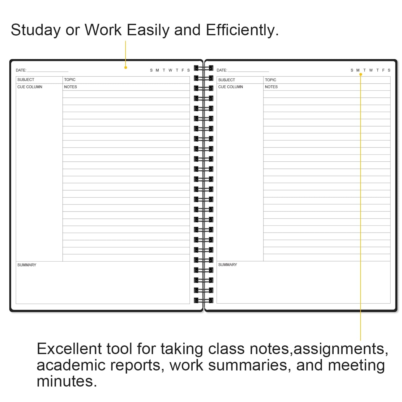 Yaridar Cornell Notes Notizbuch, A4, Spiralnotizbücher für Notizen, liniertes Notizbuch, Steno-Blöcke für Büro/Schule/Uni/Zuhause, 21,6 x 27,9 cm, Schwarz
