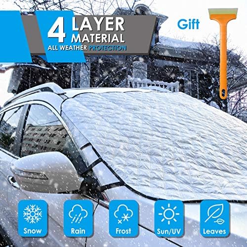 Car Windshield Snow Cover,Car Windshield Snow Ice Cover with 4 Layers Protection,Snow,Ice,UV,Frost Defense,Extra Large Windshield Winter Cover Fits Most Cars and SUV with Portable Car Snow Shovel