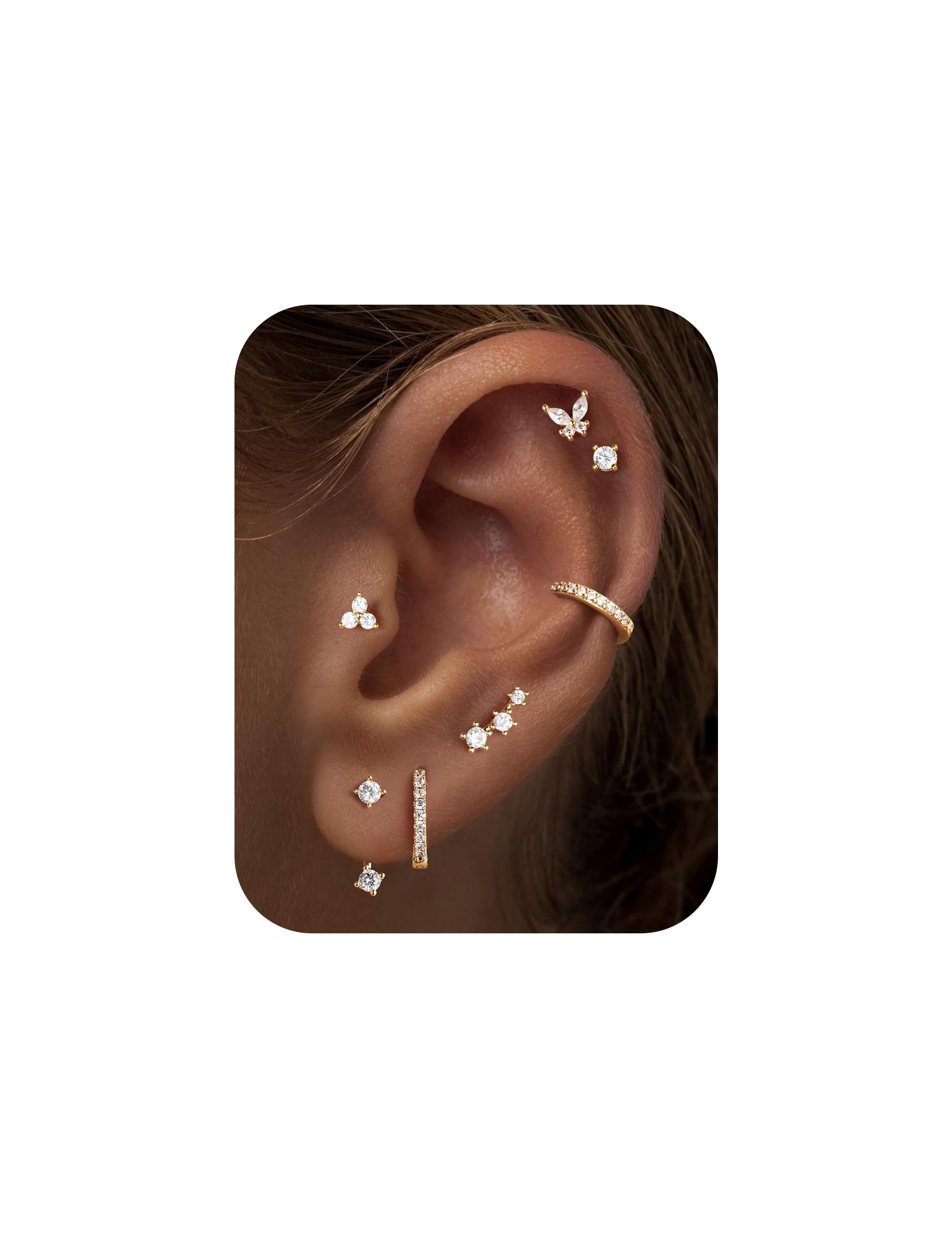 M MOOHAM Hypoallergenic Earring Jacket Stacks - 7 Pairs 14K Gold Plated Flat Back Earrings Dainty Huggie Hoop