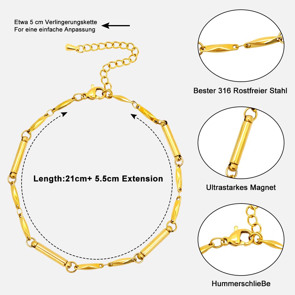 Bracelet pour femme en bracelet magnétique argenté poli brillant avec aimants cylindriques, bracelet en acier inoxydable rhombique, fermoir pour femme