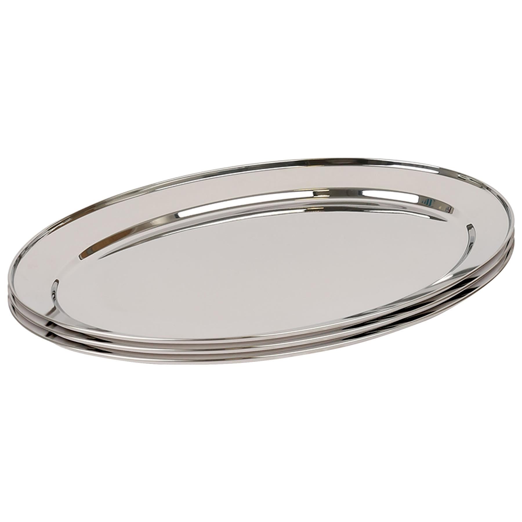 Argon Tableware 60 x 41cm Serving Platters - 3 Pack - Stainless Steel Chrome Dinner Tray Oval Plate Extra Large Appetizer Serving Dishes for Party, Events, Table Service, Snack Platters