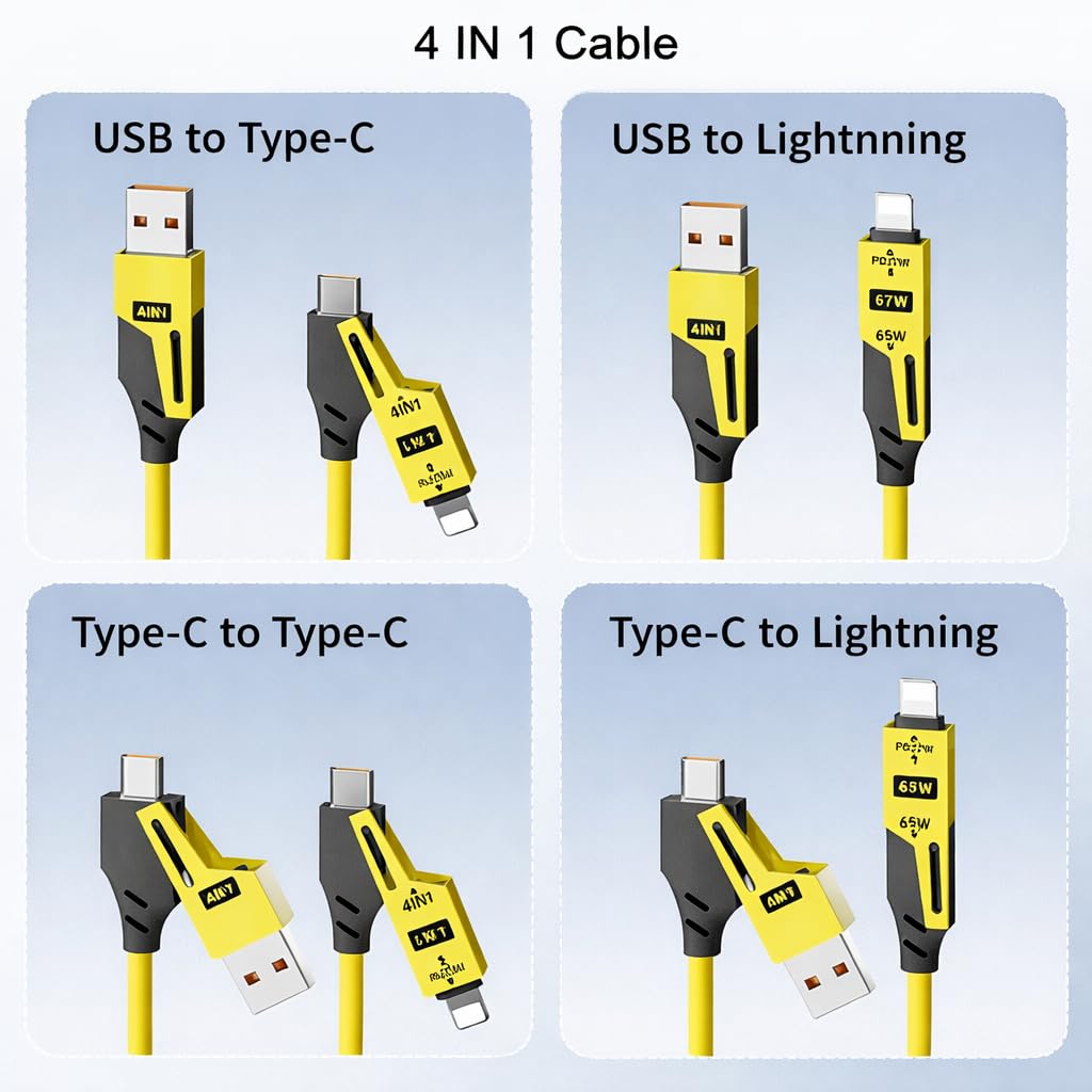 4’ü 1 Arada 65W Yaylı Hızlı Şarj Kablosu Type-C & Lightning PD Destekli, Dolaşmaz Spiral Tasarım, 1.5m Uzayabilir, Araç & Ev Uyumlu Şarj ve Veri Kablosu (Siyah)
