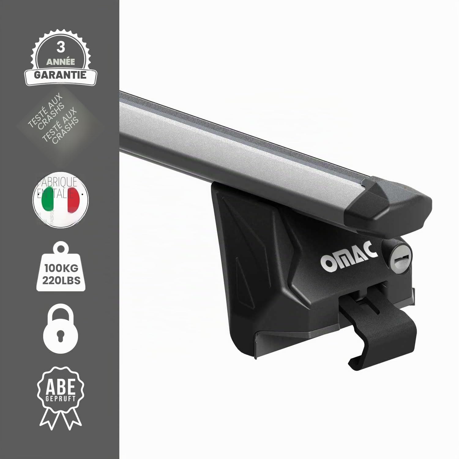 OMAC Barres de Toit Aluminium certifiées TÜV pour Opel Zafira C Tourer 2011-2019 – pour Rails de Toit intégrés – Rainure en T – Charge Max 100 kg – 2 antivols Argent