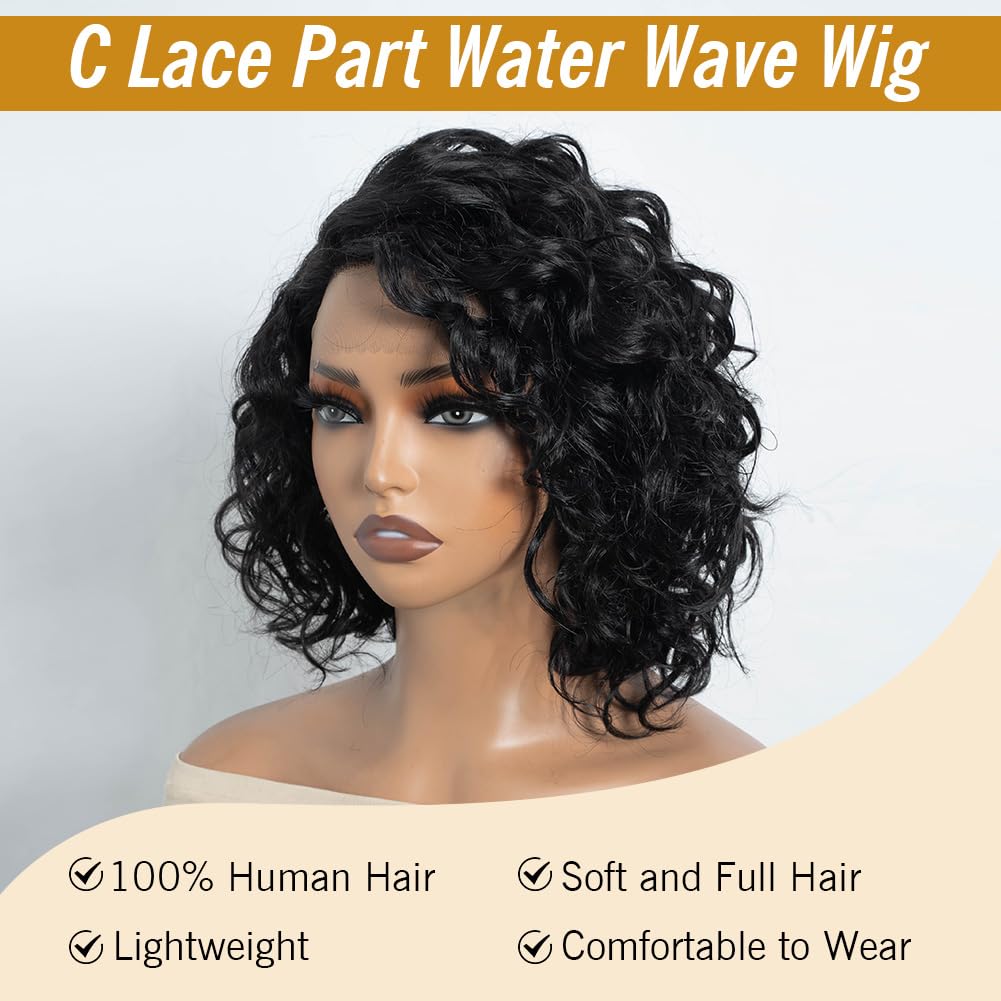 Lockige Echthaar Perücke Damen Curly Human Hair Wigs C Parted HD Lace Front Short Water Wave Bob Wig Side Part 150% Density (1B, 12 INCH)
