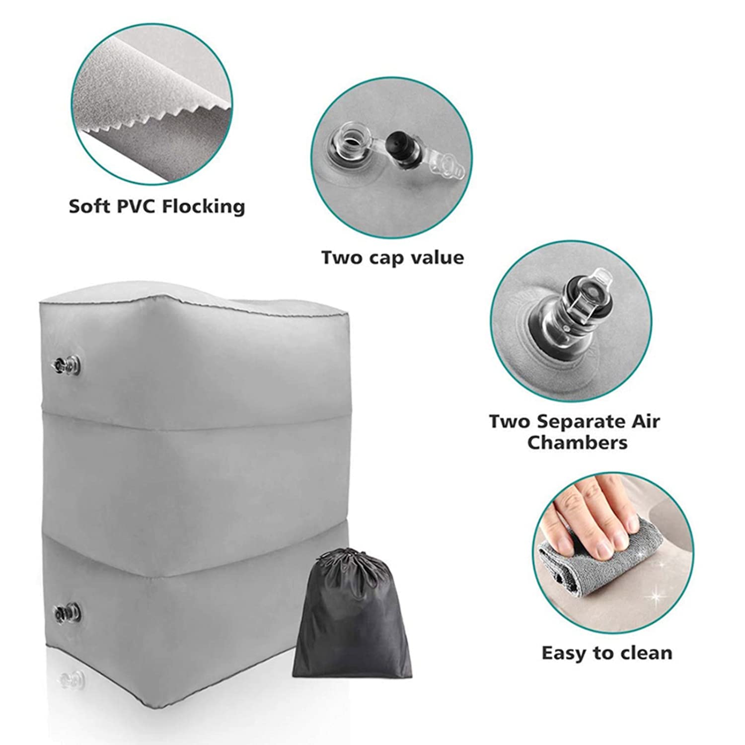 Repose-Pieds Gonflable 3 Couches Jiuzcare + Masque Sommeil - Oreiller Jambes Voyage Avion Voiture, Gris
